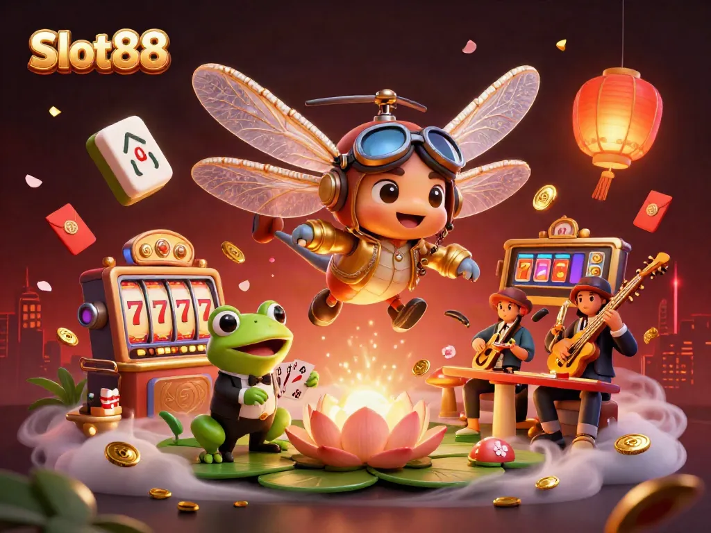 Experience the excitement of Slot88 with a vibrant casino scene featuring characters and game elements.