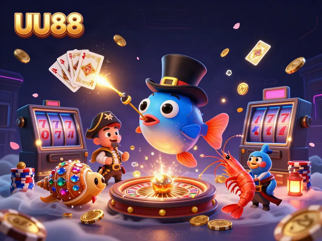 Catch lucky prizes with UU88 and glowing treasures in a dynamic casino underwater scene.