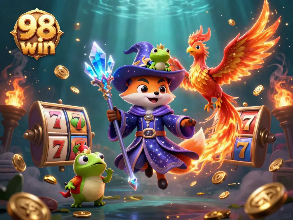 Engage in thrilling gameplay with 98 win, featuring a mystical wizard fox and vivid slot reels.