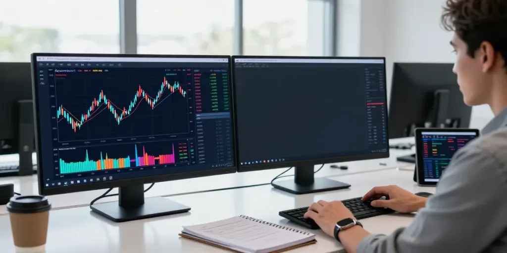 Traders using MetaTrader 5 in a modern office with charts and strategy notes.