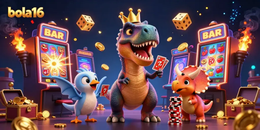 Bola16 brings the excitement of online casinos alive with a colorful 3D scene featuring a T-Rex shuffling cards amid a slot machine celebration.