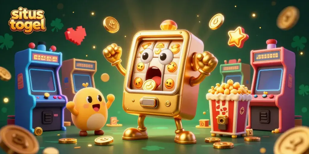 Experience the excitement of situs togel with a vibrant scene of golden slot machines celebrating big wins amidst a lively casino atmosphere.