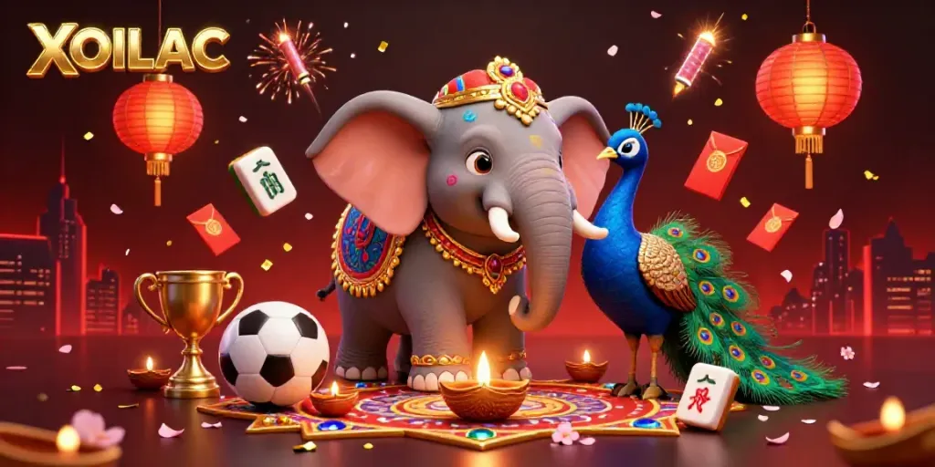 Experience the thrill of sports betting with the vibrant and colorful XOILAC elephant and peacock illustration, showcasing interactive gambling elements.
