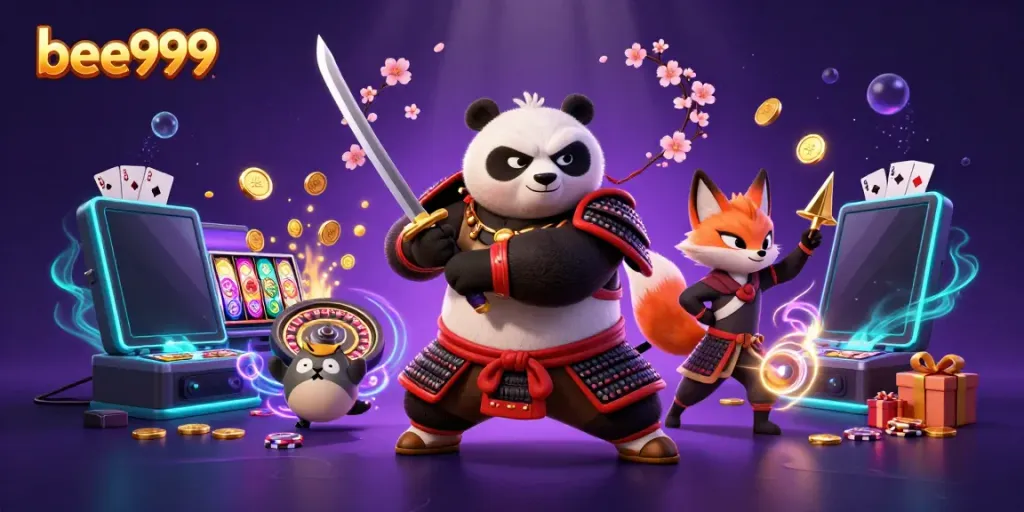 Engage with bee999's thrilling casino world featuring a cartoon samurai panda and its companions.