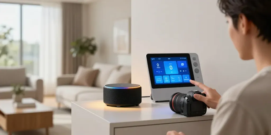 Smart home technology integration with smart audio system and devices in stylish living room by جهان اسمارت.