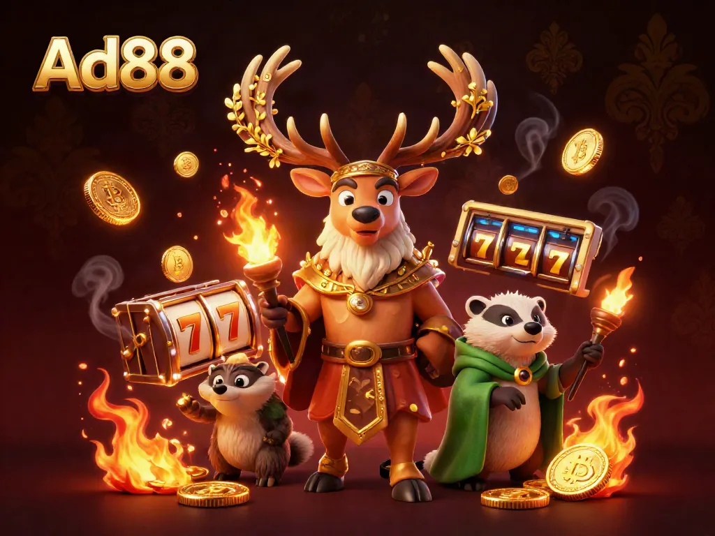 Experience the thrill of Ad88 with a vibrant 3D casino scene featuring a druid stag, badger, and golden game elements.