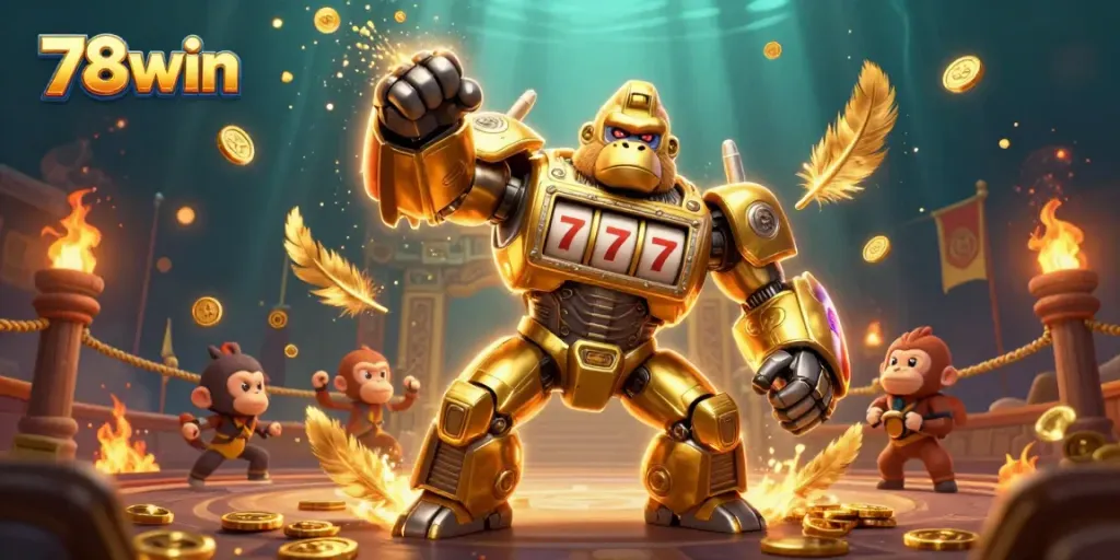 Experience thrilling gameplay at 78win with an exciting 3D illustration of a golden gorilla mech in a dynamic casino setting.