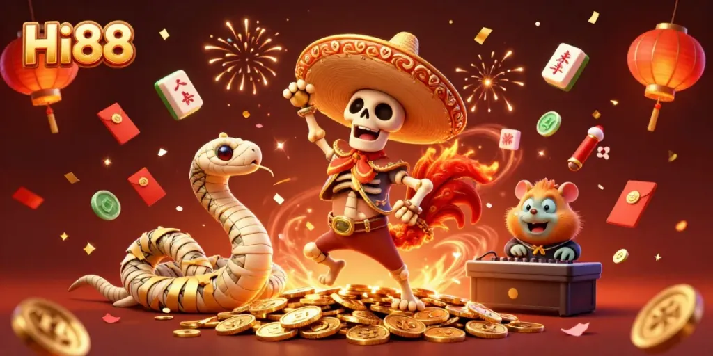 Celebrate winning moments at Hi88 with a lively 3D scene of characters dancing among treasures.