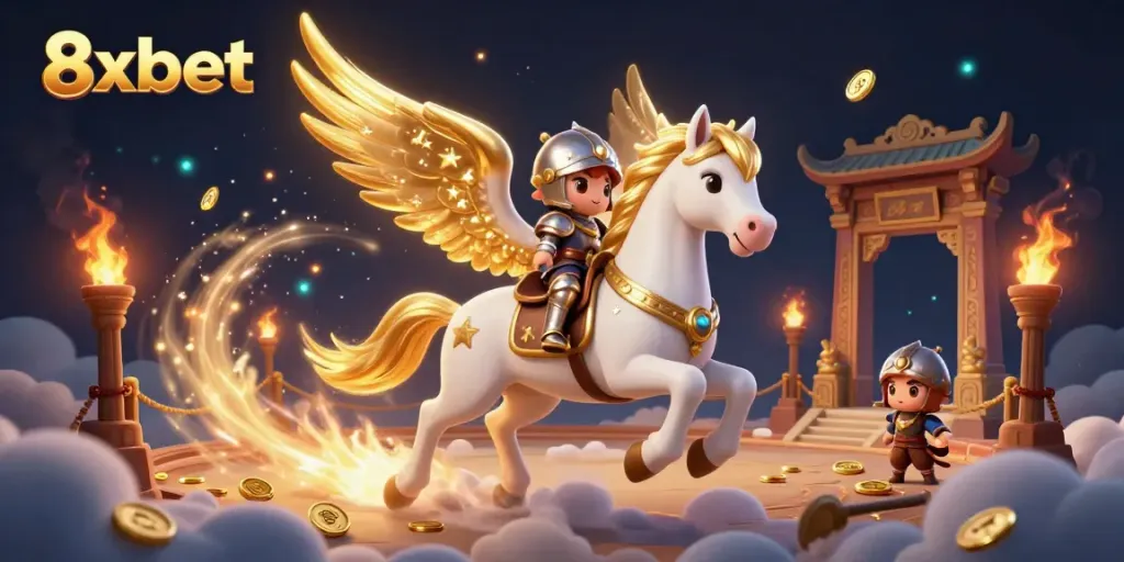 Experience thrilling gameplay at 8xbet with a celestial horse and knight amidst a magical casino scene.