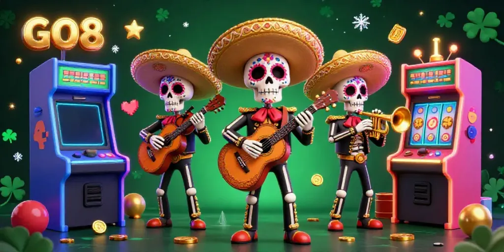 Engage with GO8 through vibrant 3D illustration showcasing a lively skeleton mariachi band amidst casino elements.