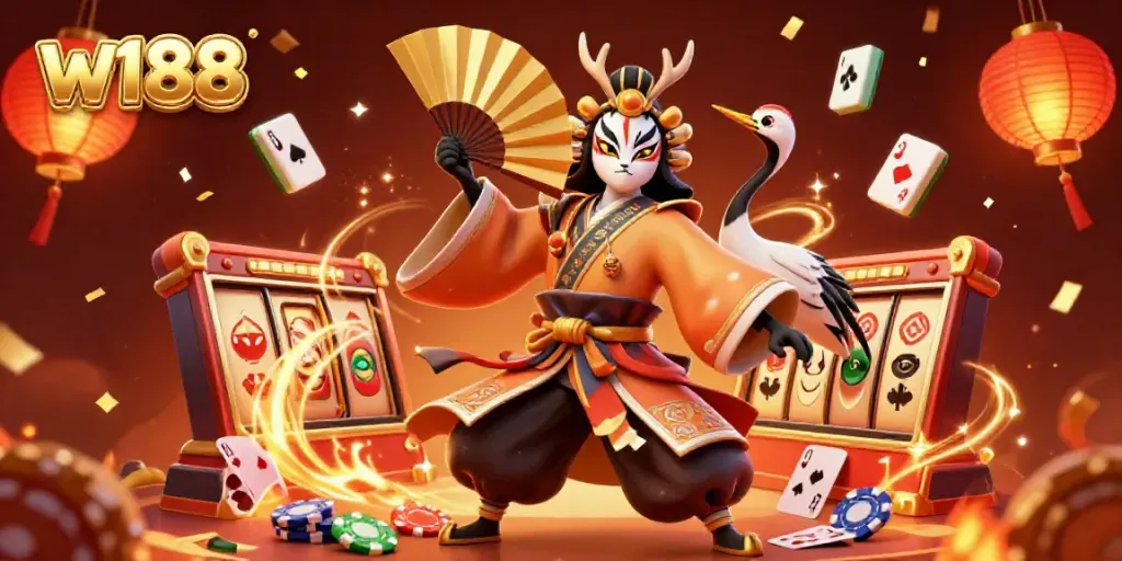 A vibrant w188 casino scene featuring a kabuki warrior and kitsune mask, enriched with poker elements and celebratory effects.