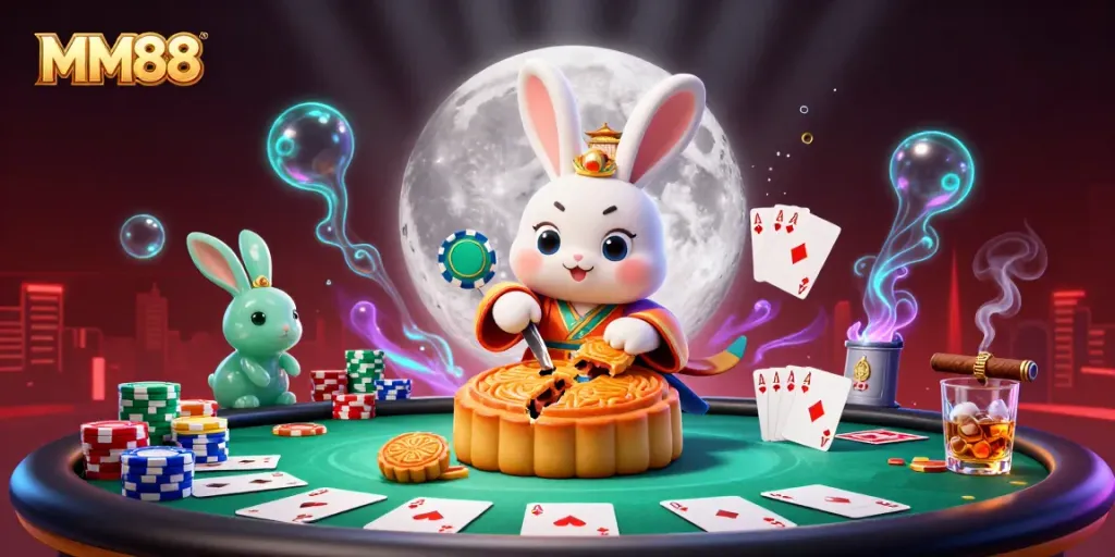 Experience the excitement of MM88 with vibrant 3D illustration featuring a moon rabbit engaging in poker.