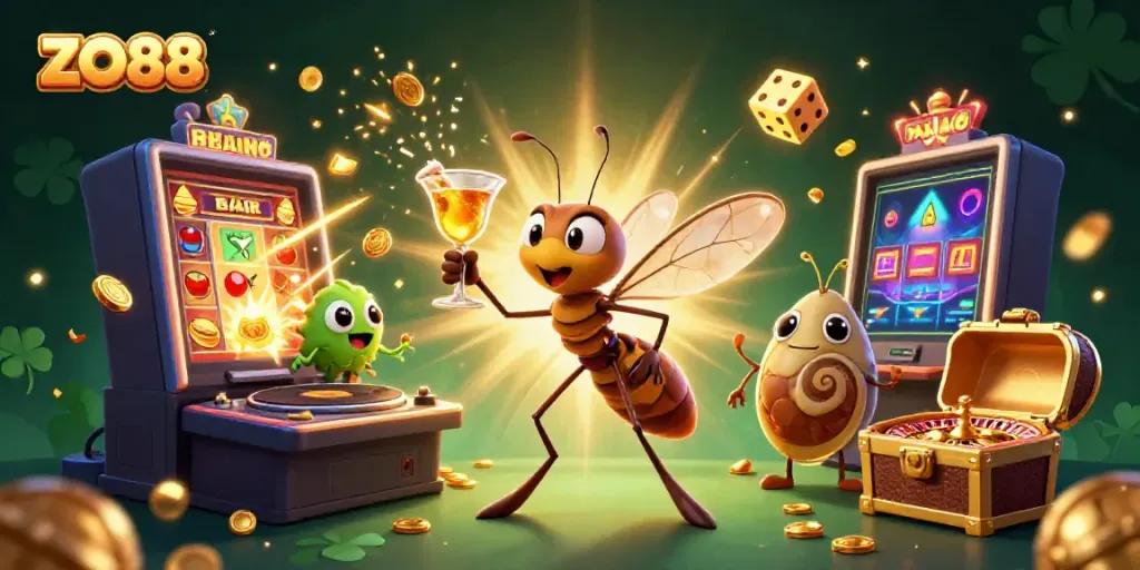 Experience ZO88 excitement with a vibrant 3D casino scene featuring characters and dynamic game elements.