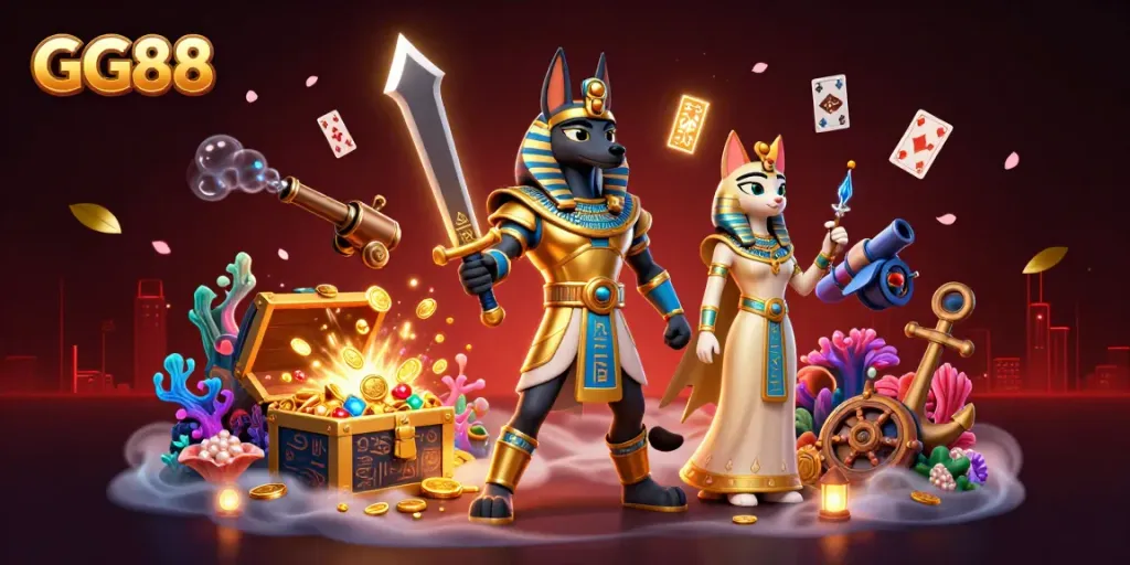 Engage with GG88's vibrant casino world, showcasing ancient Egyptian warriors and treasures.