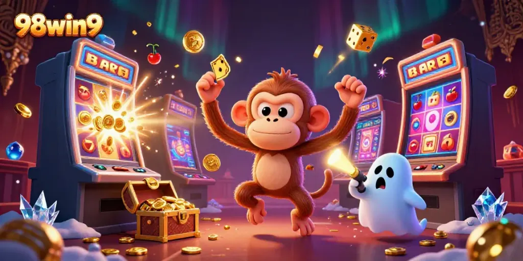 Experience the thrill of 98win9 with a mischievous ghost juggling golden casino items in a lively illustration.