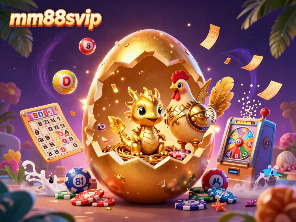 Engage in magic with mm88svip as a golden dragon emerges from a cracking egg, crowned with vibrant gaming elements.