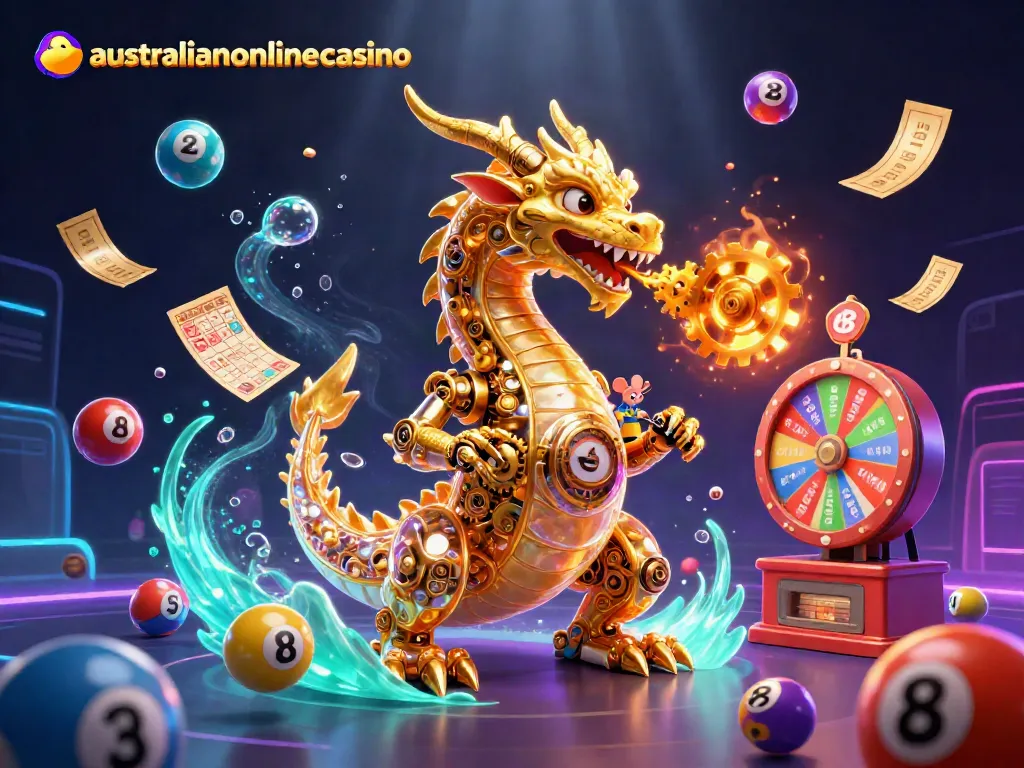 A dynamic scene featuring australianonlinecasino with a golden dragon, colorful lottery elements, and vibrant gaming atmosphere.