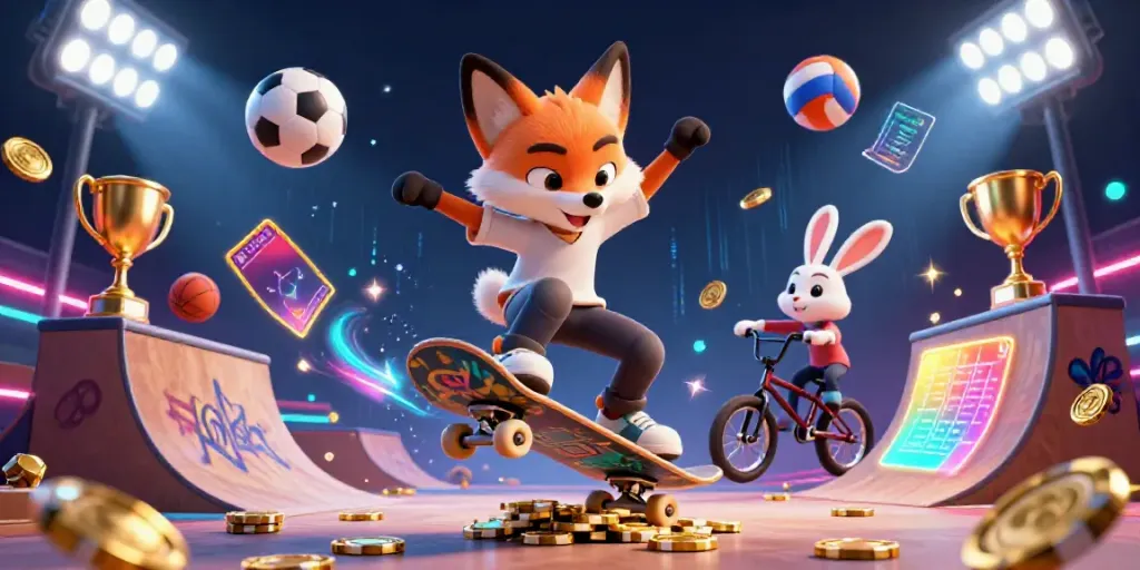 Xoilac's dynamic illustration of a cartoon fox skateboarding over golden poker chips, surrounded by sports elements and casino symbols.