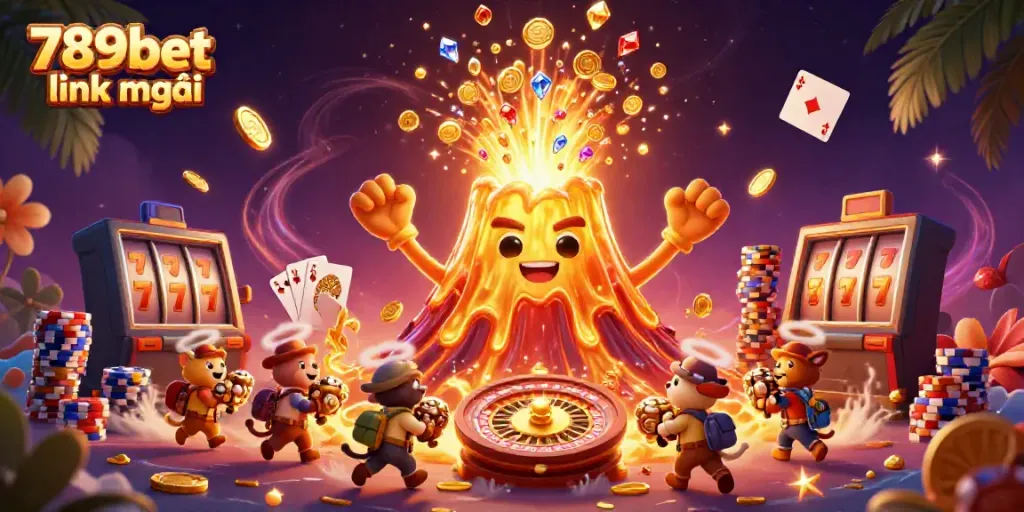 Engage with 789bet link mới as golden treasure erupts from a volcano, surrounded by casino elements.