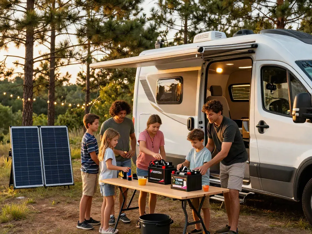 Family installing a lithium battery for RV at a campsite.