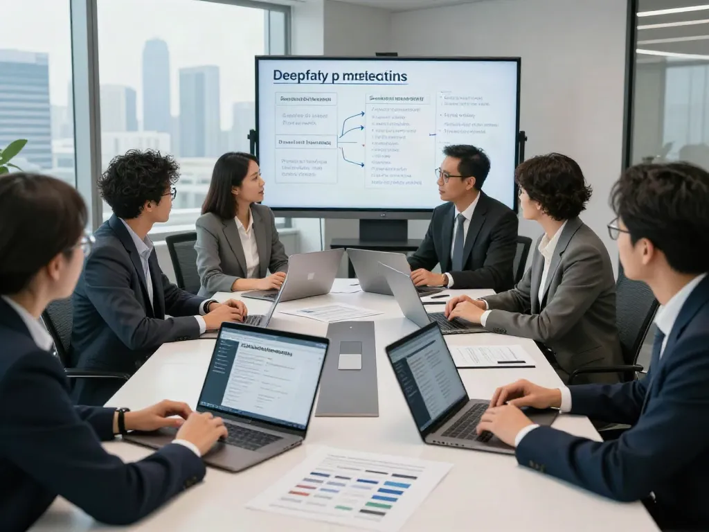 Team discussing strategies for deepfake protected meetings in a modern conference room
