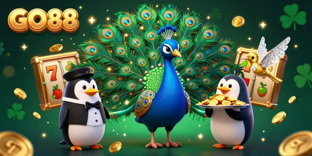 Experience the excitement of GO88's vibrant gaming world with peacock, penguin, and hummingbird surrounded by slot elements.