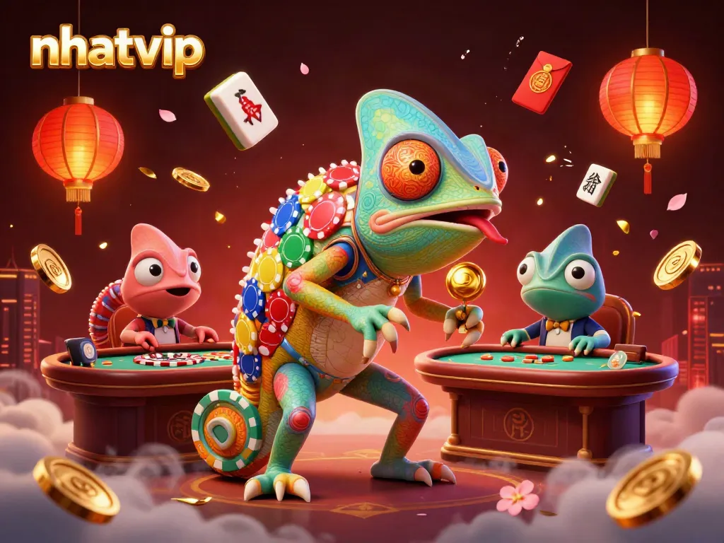 Nhatvip chameleon casino owner captivating players with golden coins and vibrant game elements