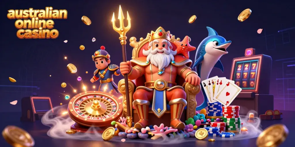 Immerse in an exciting australian online casino scene with Neptune, samurai, and dazzling game elements.