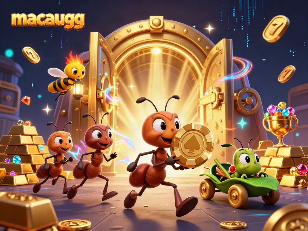 Experience adventure with macaugg as ants carry a massive poker chip in a dazzling underground heist.