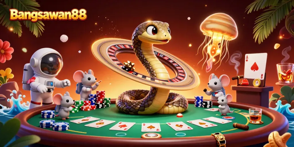 Experience high-stakes gaming with Bangsawan88 as mice bet on a roulette-style planet amidst vibrant cosmic elements.