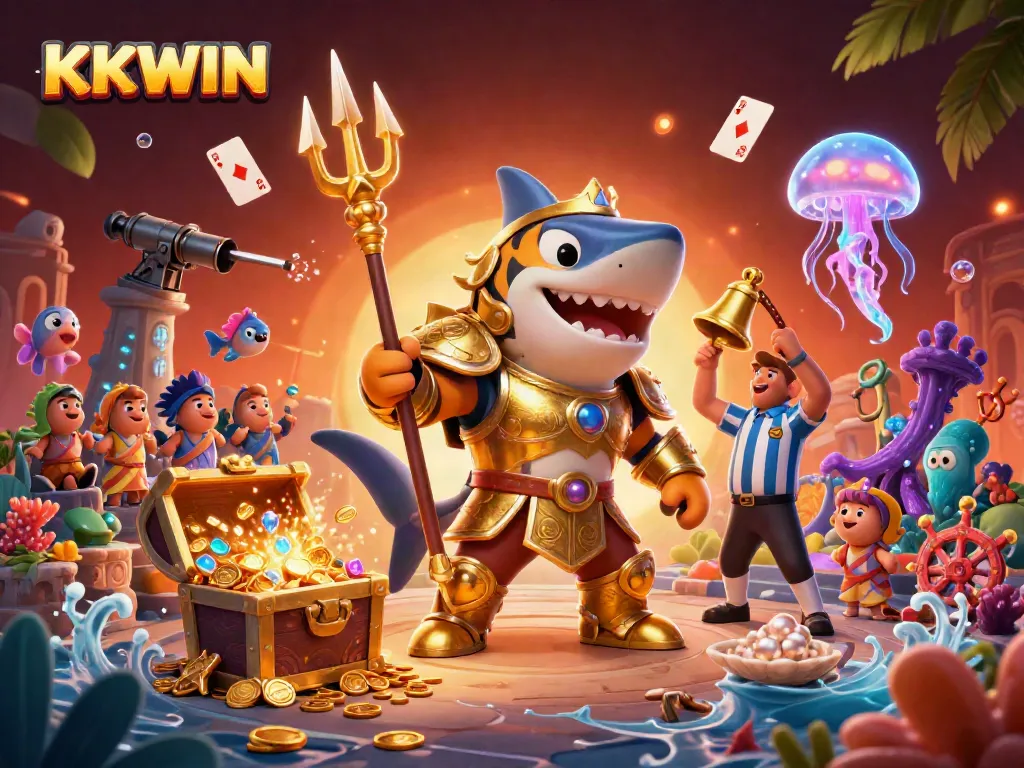 Experience the thrill at KKWIN with a vibrant underwater casino scene featuring dynamic characters and game elements.