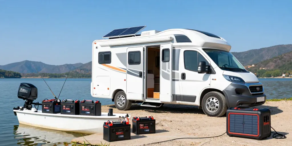 12v batteries powering RV and marine applications in an outdoor setting.