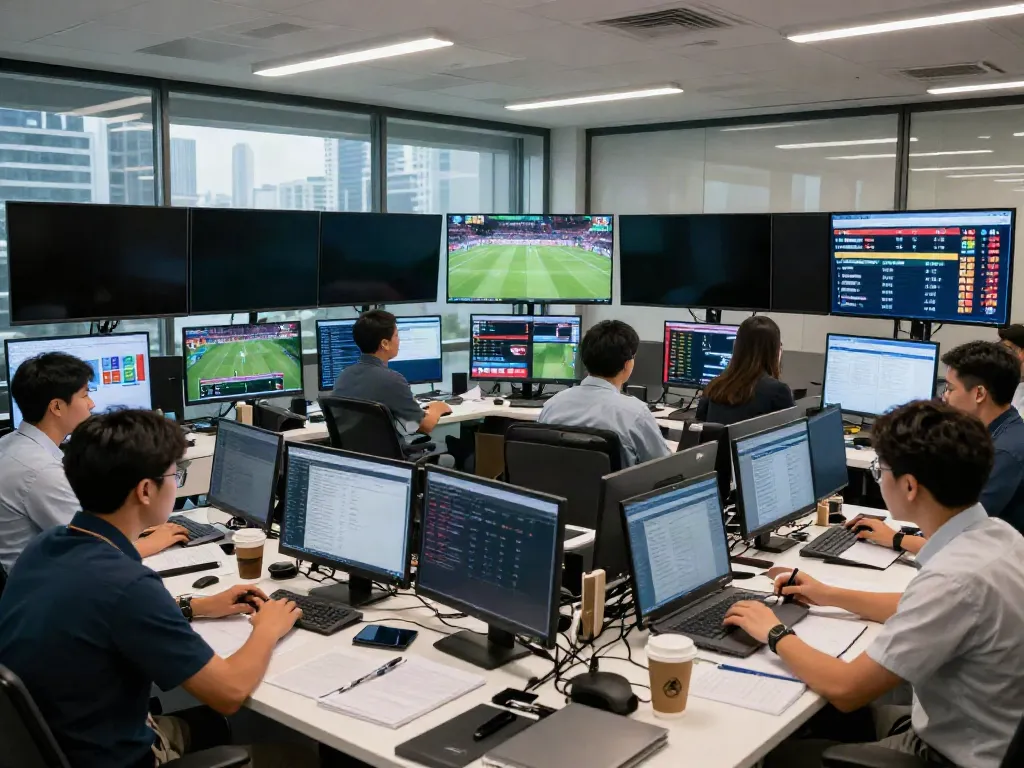 Sports journalists discussing ข่าวฟุตบอลไทย in a vibrant newsroom environment.