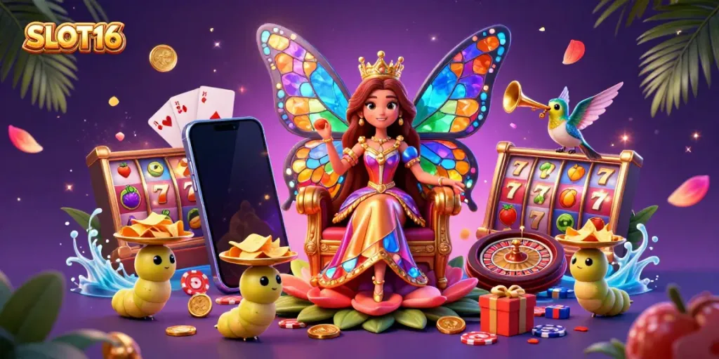 SLOT16 showcases a colorful 3D casino scene with slot reels and a butterfly queen surrounded by animated game elements.